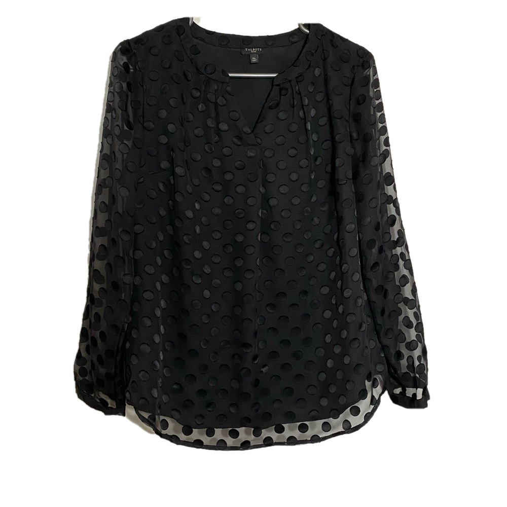 Talbots lined long sleeves black polka dot casual vneck  blouse. Size M Petite